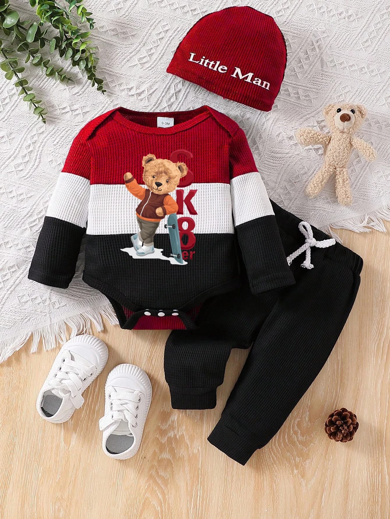 Autunno Inverno Bambini Set da 2 pezzi con cappuccio Simpatico orso Stampa Rosso-Bianco-Nero Color Block Caldo cotone lavorato a maglia "Love Baby" Cappuccio con lettere