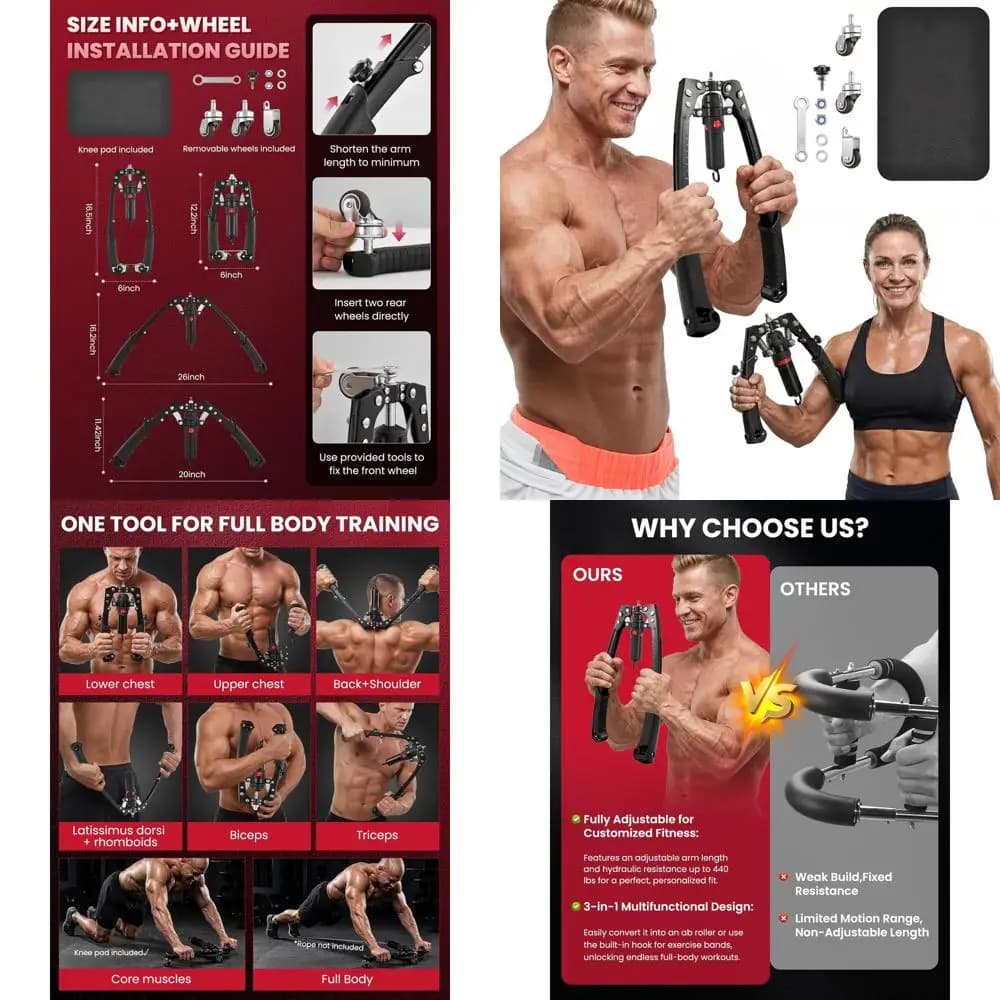 Adjustable Hydraulic Trainer: Chest Press 22-440 Libras, Abdominal Roller, Domestic Gym Strength Training Equipment