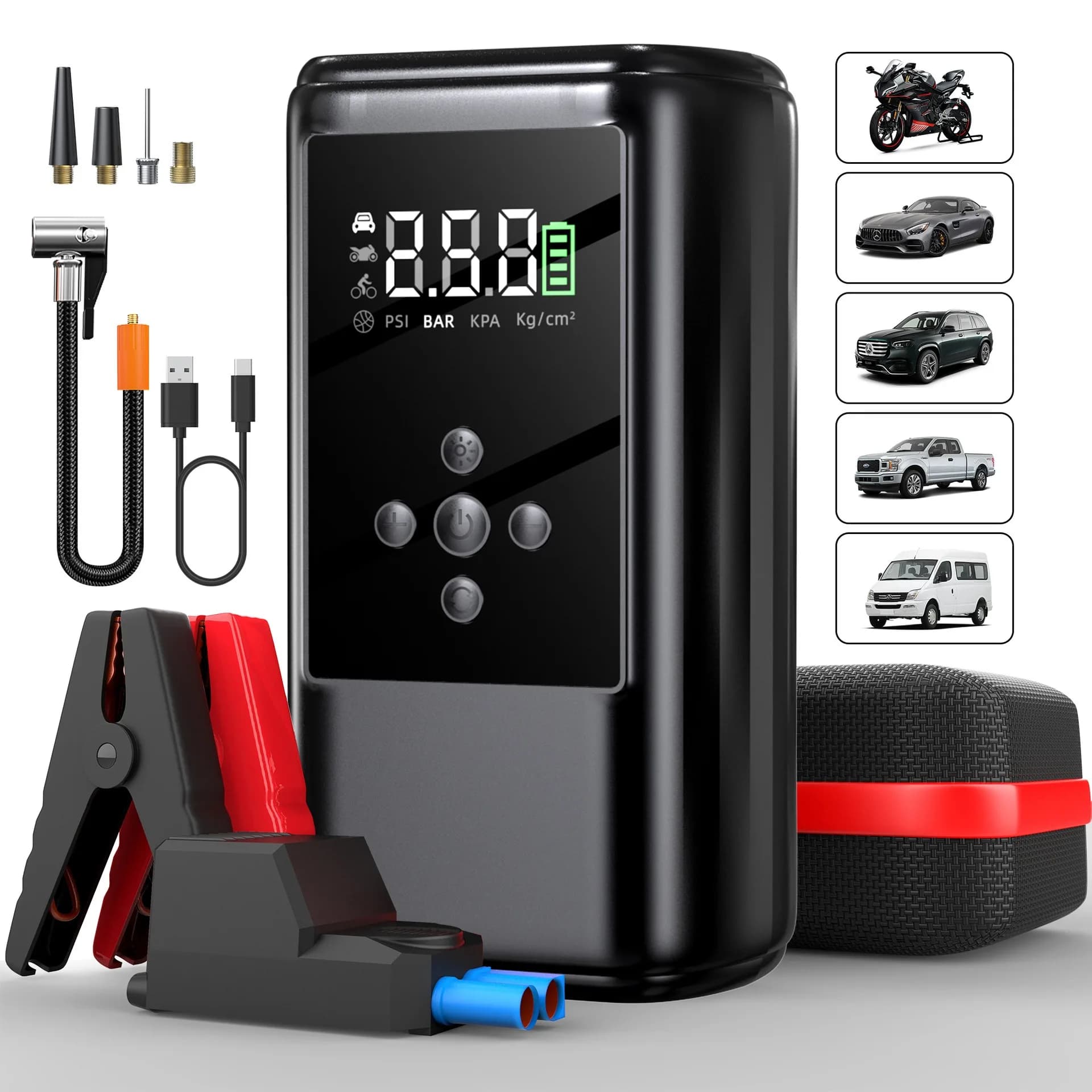 Avviatore di Emergenza per Auto 4-in-1 12V Durevole e Compressore d'Aria per Pneumatici - 150PSI, -40 ° C-80 ° Funzionamento a bassa temperatura, porta USB per telefoni