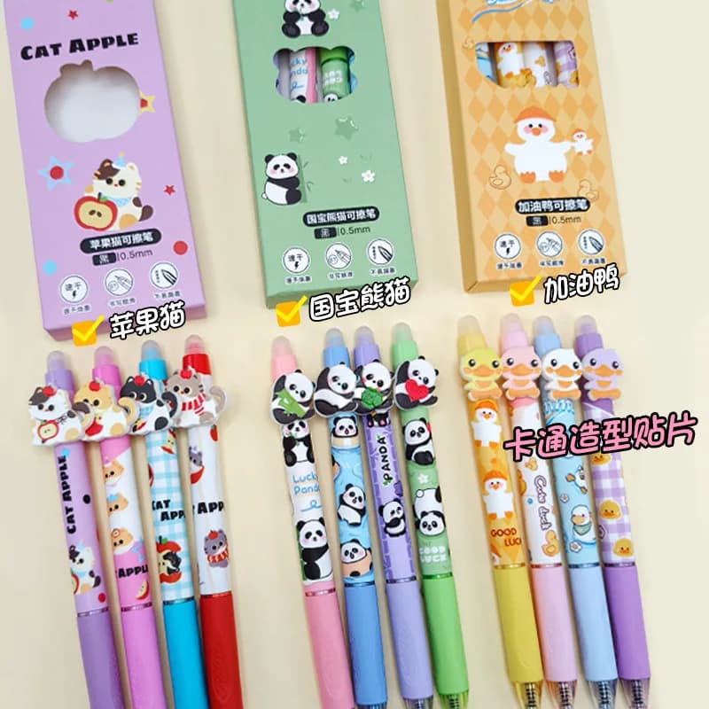 4 Pezzi Penne Cancellabili a Frizione con Design Anatra, Panda, Cartone Animato, per Studenti, con Patch, Cancellabili a Pressione
