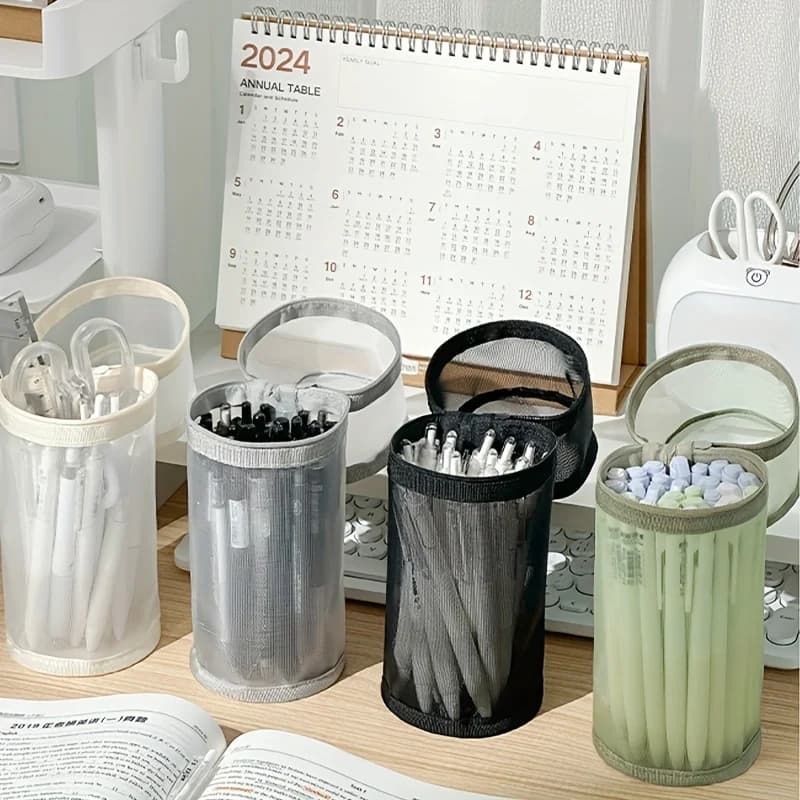 Confezione da 2 astucci in rete in colori assortiti, alla moda e traspiranti con design a coperchio ribaltabile per un facile accesso, portaoggetti multifunzionale per cancelleria e portapenne, borsa portaoggetti portatile per materiale scolastico e da ufficio