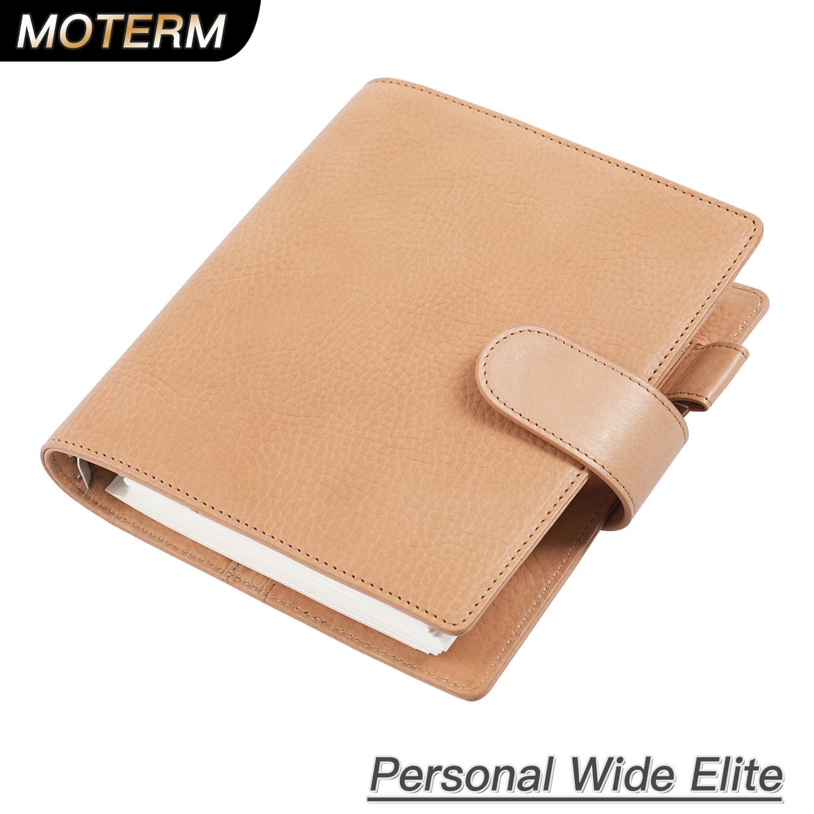Moterm Agenda personale ad anelli Elite di grandi dimensioni senza grande taccuino conciata al vegetale con tasca posteriore con diario organizer per anelli da 25 mm