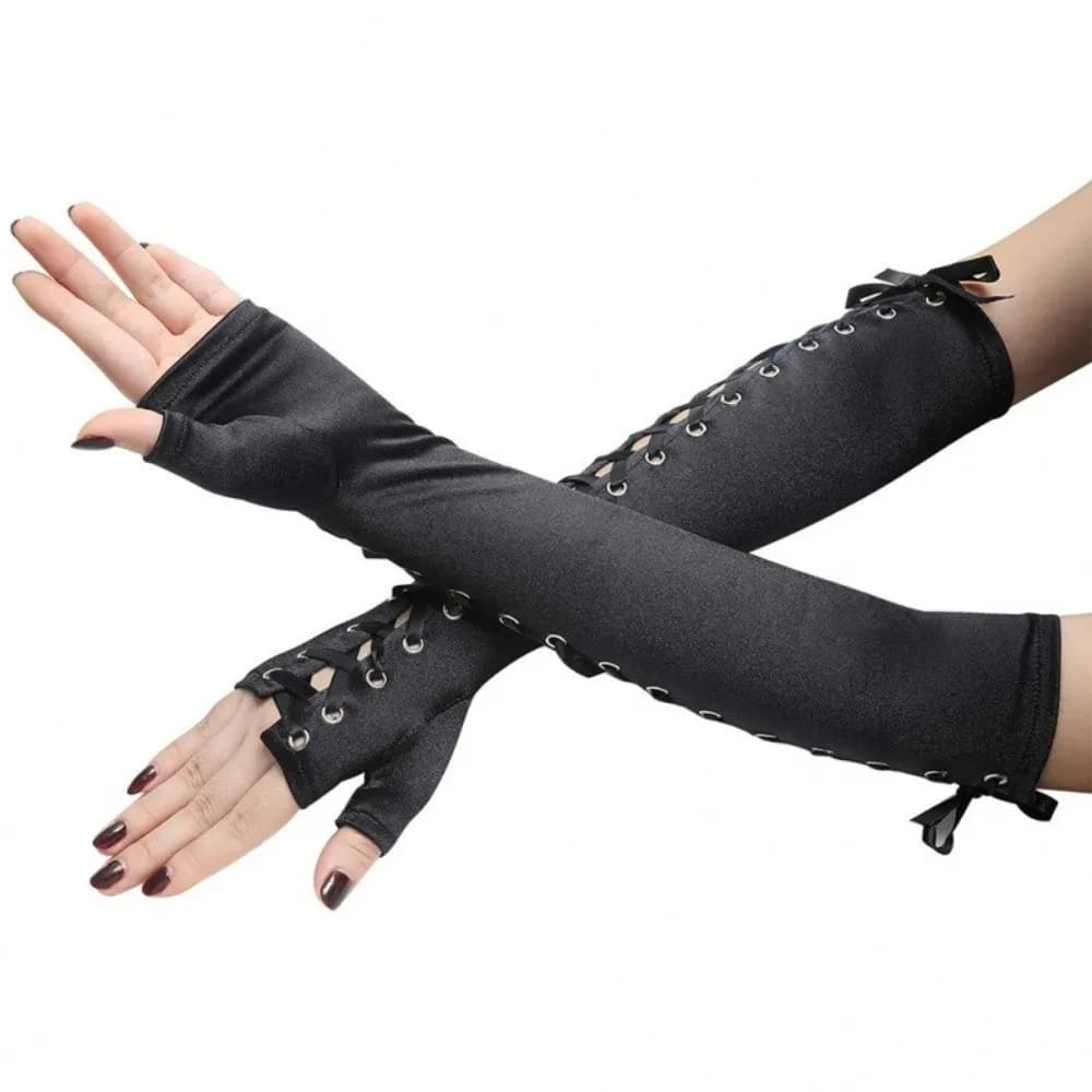 Slim Long Ribbon Gloves Lolita Elastic Half Finger Gloves Cloth Elbow Long Women Gloves Halloween Cosplay