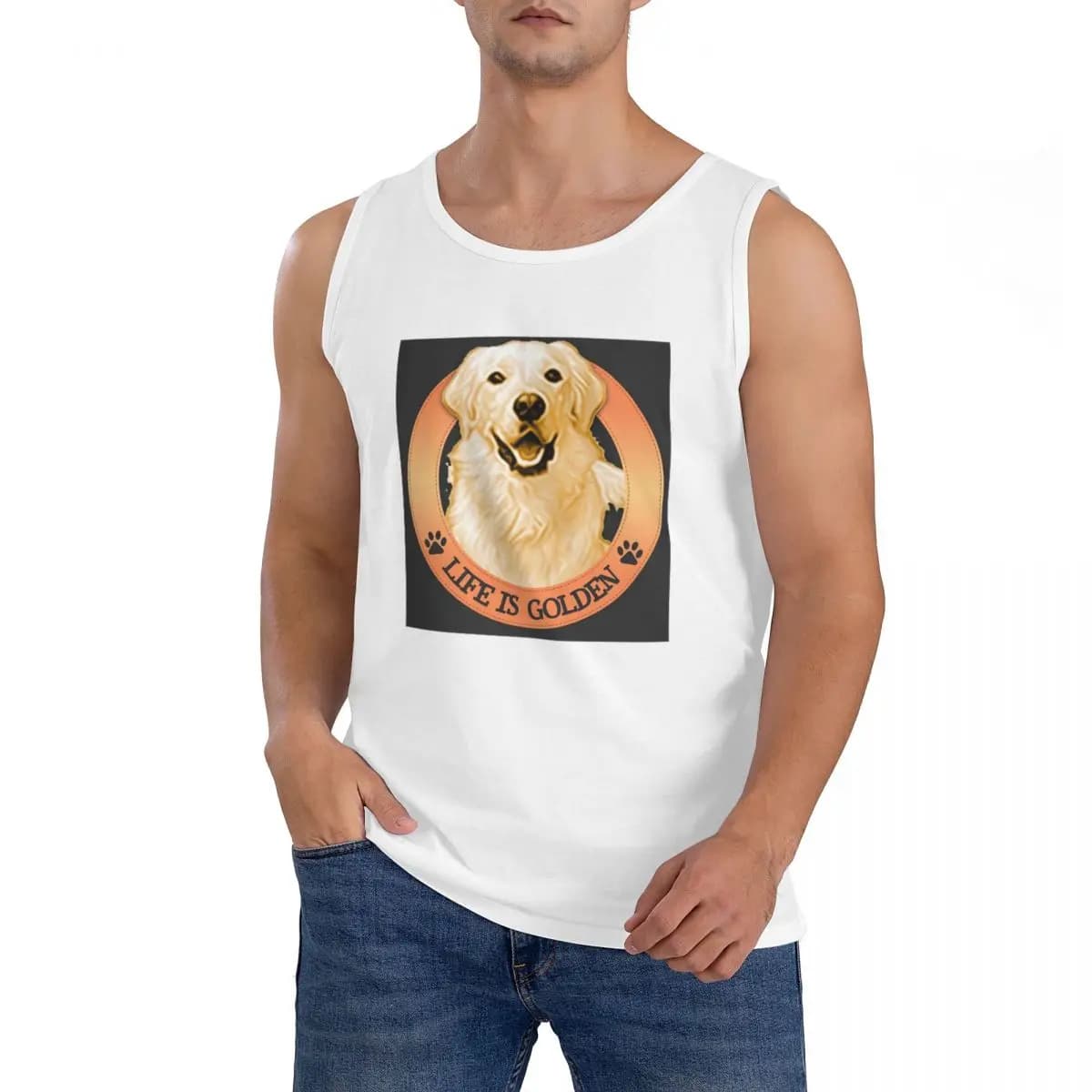 T-shirt senza maniche Life Is Golden Retrievers in cotone 100% da uomo, abbigliamento sportivo da allenamento, gilet girocollo da uomo