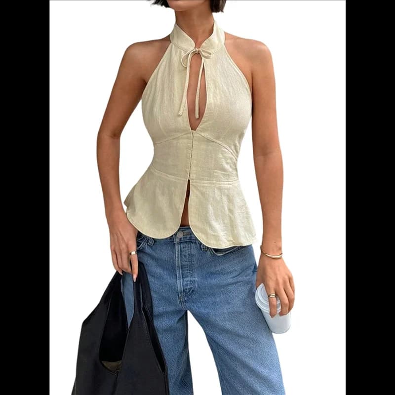 FX-Woman summer shirt with American neckline, sleeveless, with bow and bow tie, without back