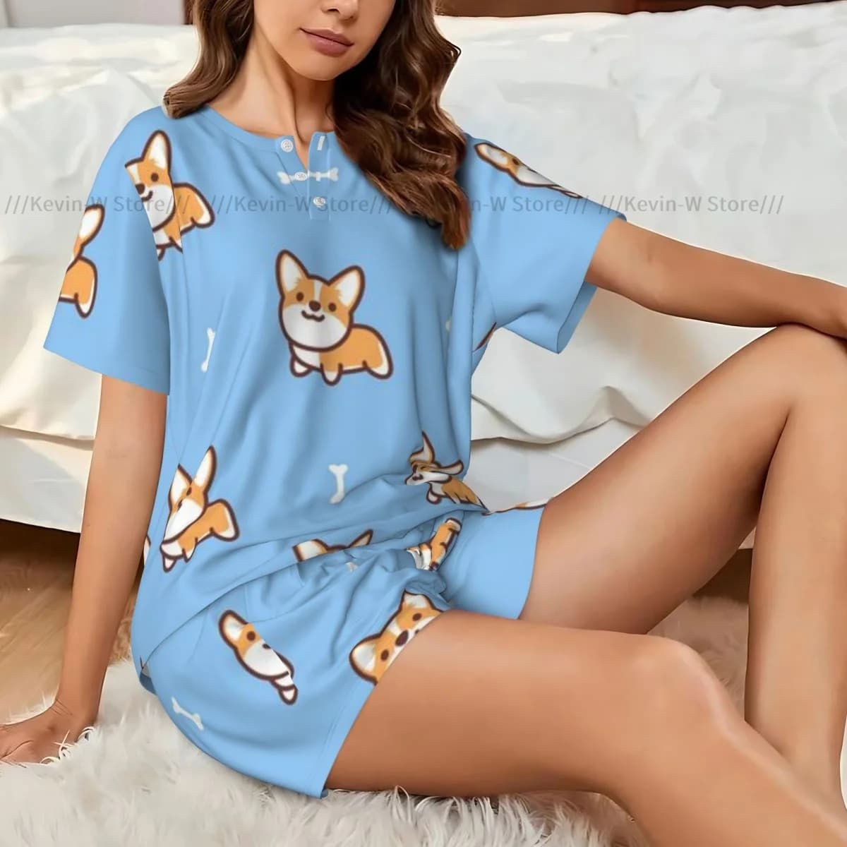 Women Pajamas Set Short Sleeve Cute Pembroke Welsh Corgi Dog Cartoon Sleepwear Loungewear for Summer Nightwear