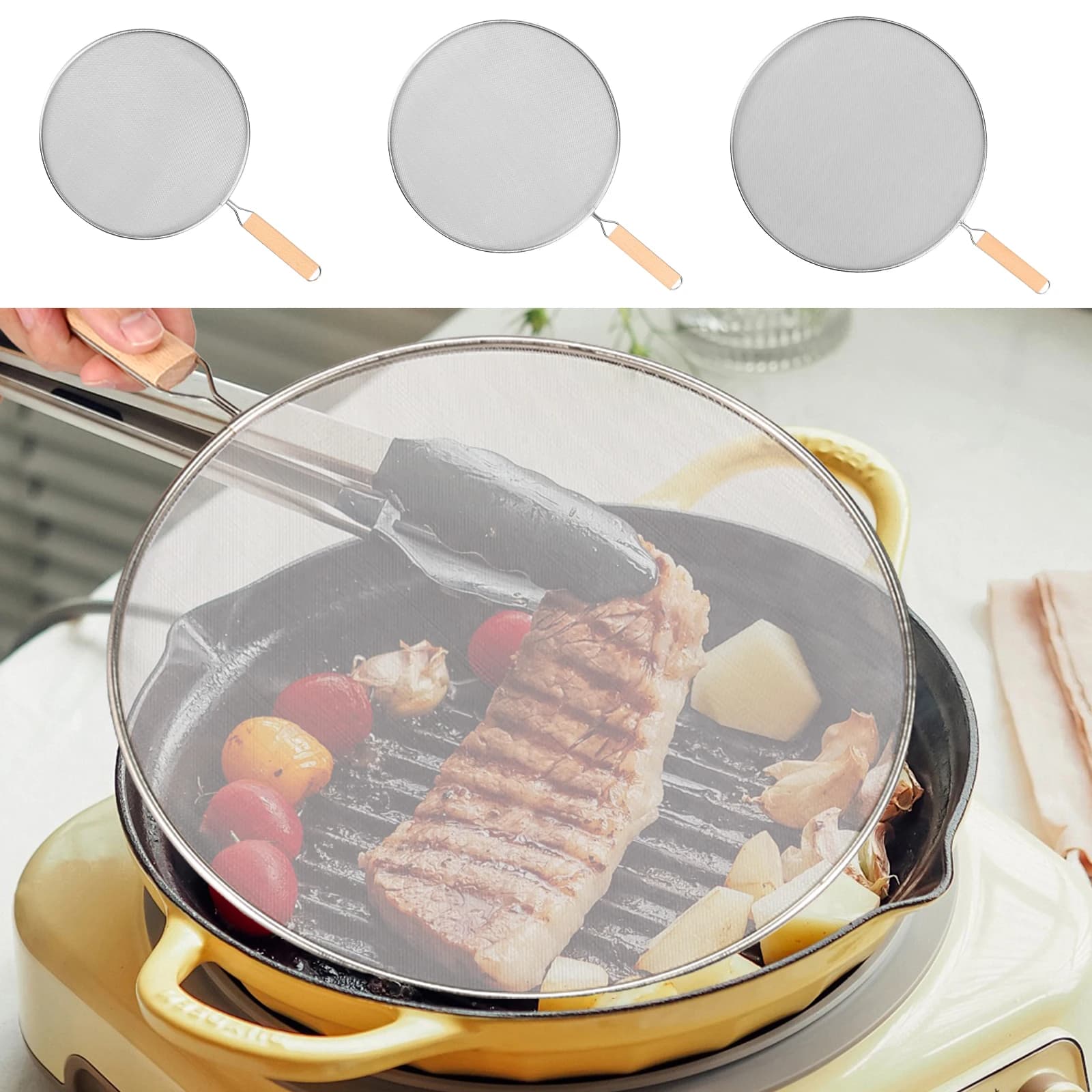 3 Piece Sprinkle Sprinkle Screen for Sprinkle Protection Stainless Steel with Wooden Handle Sprinkle Protection for Knit Oil Fine Cooking Tools