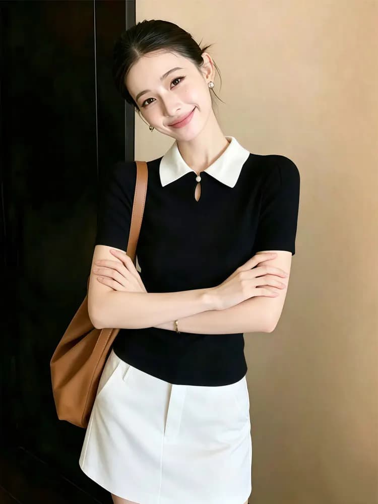 Korean Style Casual Sportswear Set Women's Summer New Fashion Color Block Shirt Collar Top Short Skirt Two Piece Set