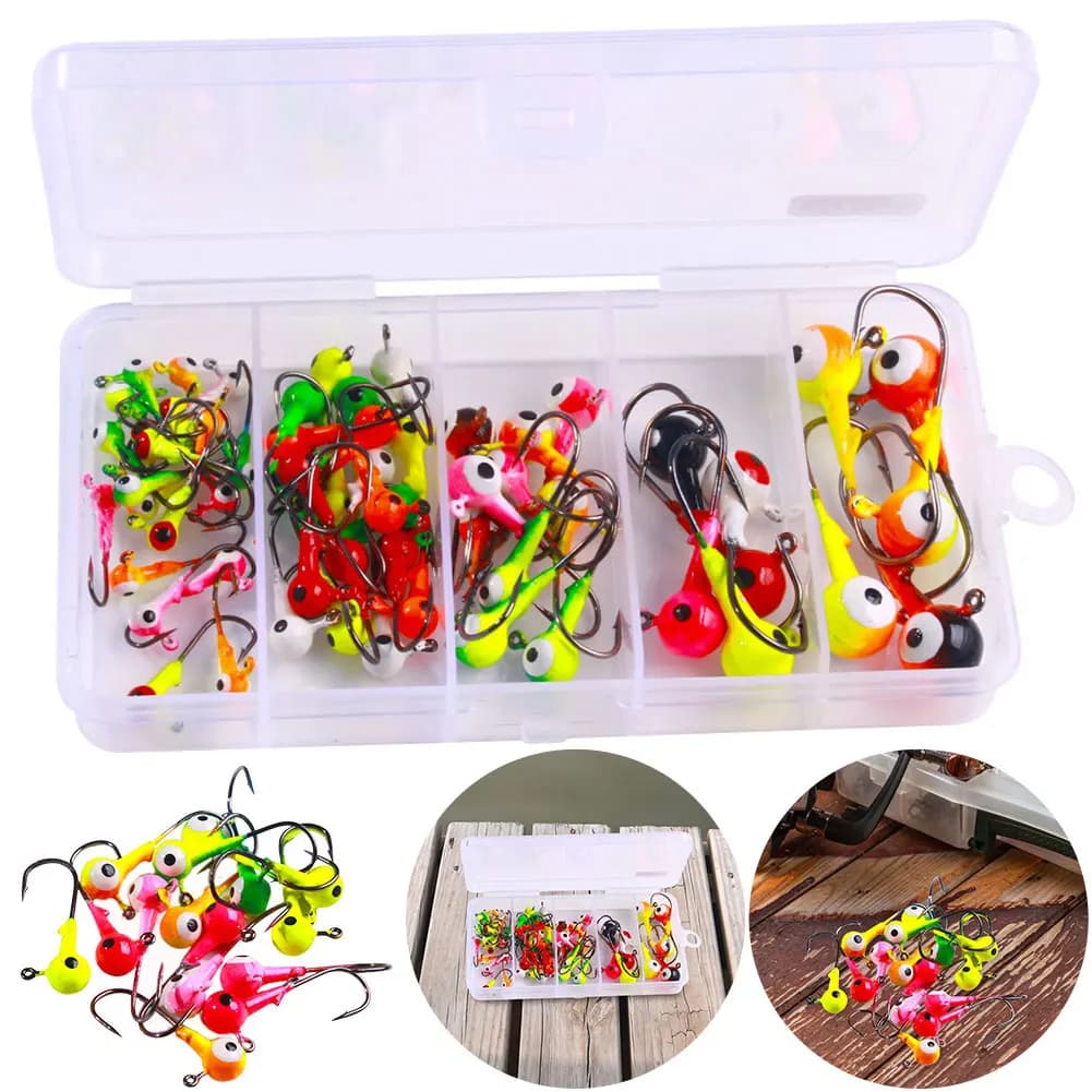 Set di 60/75 ami da pesca con testa piombata e ardiglione, ami in metallo, attrezzatura e accessori per la pesca