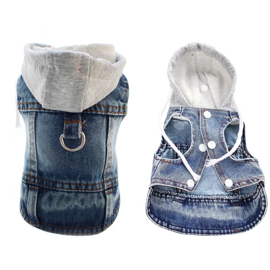 Cappotto con Cappuccio in Denim per Cani con Anello a D, Giacca in Jeans alla Moda per Primavera e Autunno, Abbigliamento Caldo per Cuccioli di Taglia Piccola e Media
