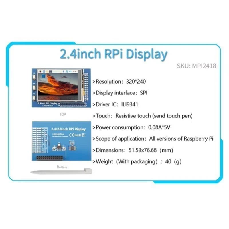 Touch screen da 2,4 pollici per Raspberry Pi Zero /W/2 W Interfaccia SPI Monitor LCD TFT Display 320x240 per Pi 5 4B 3B+ 3B 3A+