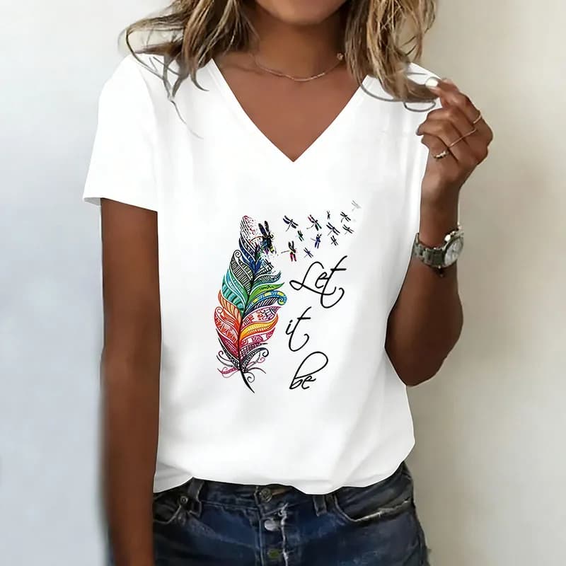 Casual Let It Be Leaf T-shirt Women V Neck Fashion Y2k T Shirts Short Sleeve Tee Shirt V-Neck Summer Spring Clothing