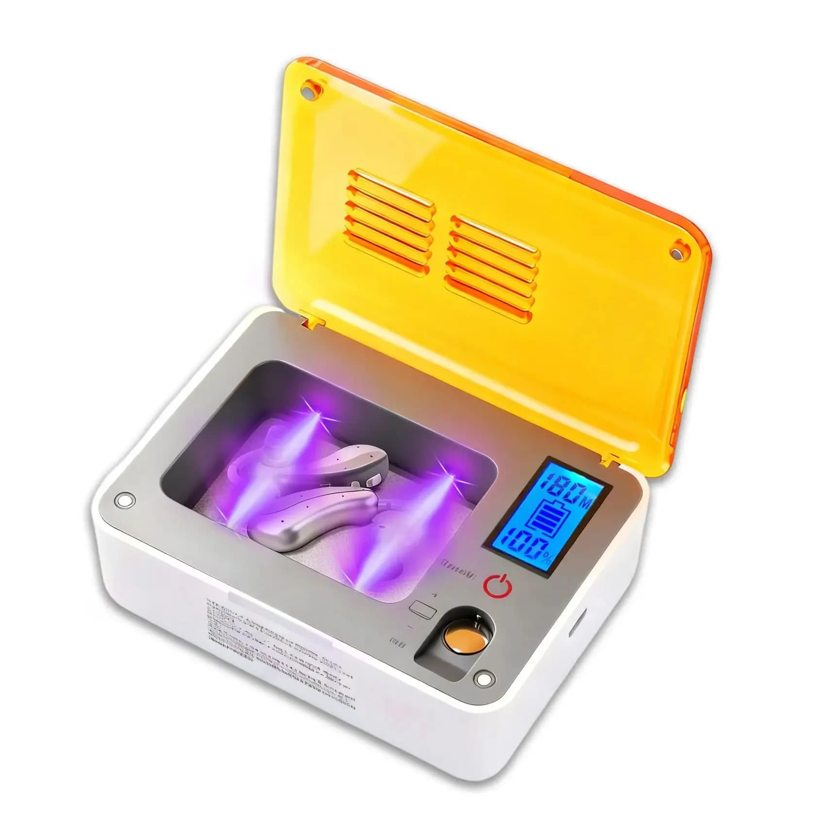 Scatola per apparecchi acustici con luce UV – Deumidificatore per auricolari e apparecchi acustici, 5 strumenti per la pulizia, tester batteria, asciugatura automatica