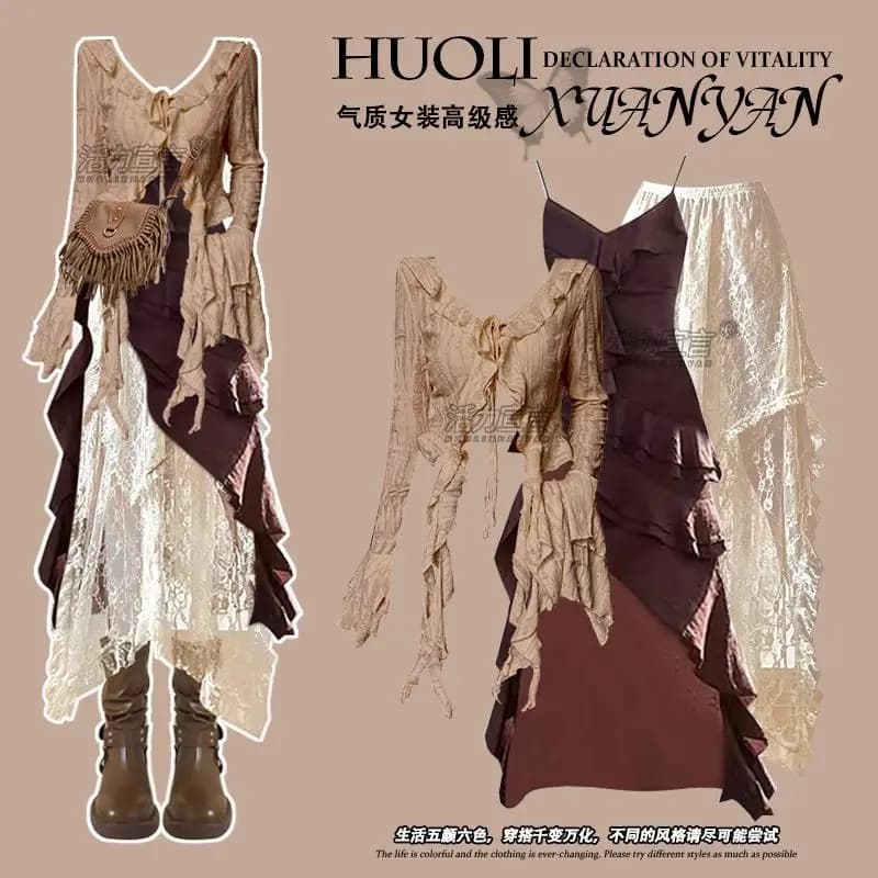 Autunno Nuovo Top slim fit irregolare con bordo volant Abito con bretelle Mezza gonna scavata Set di tre pezzi Gonna elegante da donna