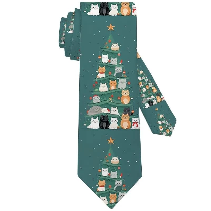 Cute Christmas Tree Cat Pattern Printed Tie Soft Fashion Accessory for Weddings Dates Parties