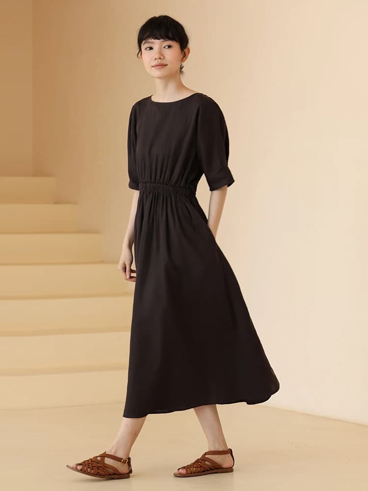 Hacikis Summer New Style Little Knot Heart Backless Waist Cinching Meat Concealing Dress Simple Commute Loose Waist Linen Dress