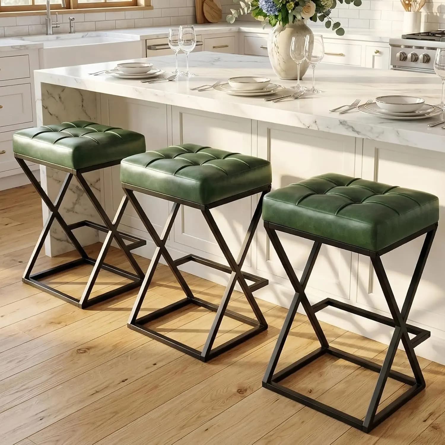 Modern Swivel Bar Stools Set Of 3 Counter Height Bar Chairs PU Leather Upholstered Backless Cushion X Frame Metal Legs Footrest Kitchen Island Dining Room Home Seating Furniture, Green