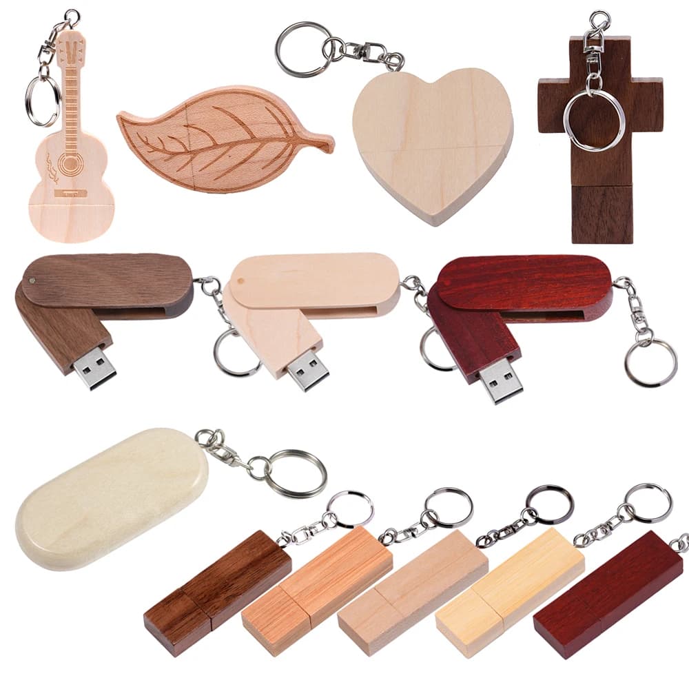 Chiavetta USB in Legno 128GB con Portachiavi Gratuito, Pen Drive in Legno 64GB, Memoria USB 32GB, Pendrive a Forma di Cuore, Chitarra, Croce 16GB