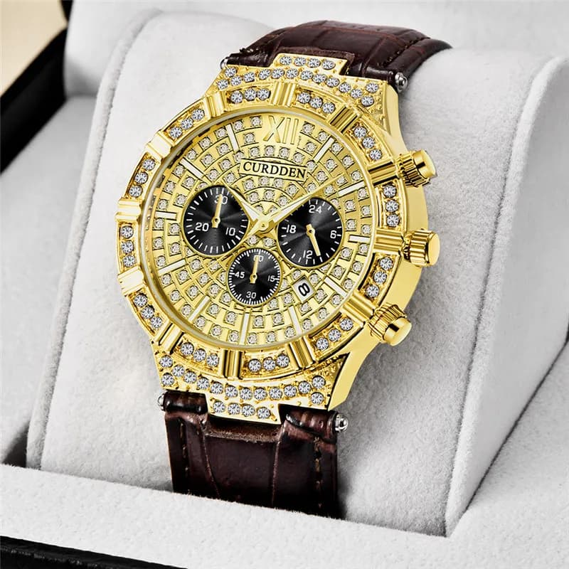 Men Original CURDDEN Brand Watches Students Fashion Leather Band Diamond Gold Date Quartz Wrist Watch Relogios Masculinos 2025