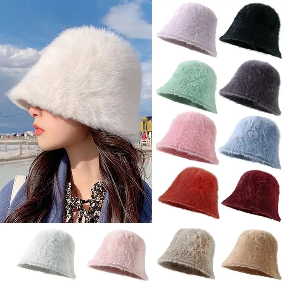 Outdoor Plush Plush Bucket Hat Warm Furry Fisherman Cap Winter Soft Basin Sun Cap for Women