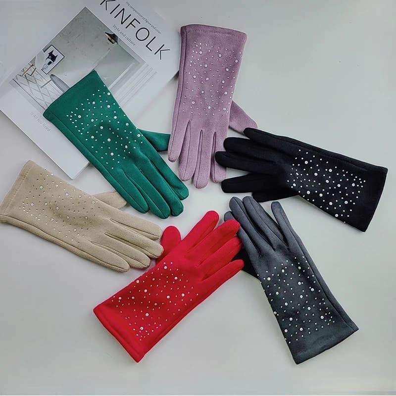 Moda pelle scamosciata Flash Drilling strass donna inverno guanti caldi per lo sport ciclismo all'aperto guida guanti Touch Screen