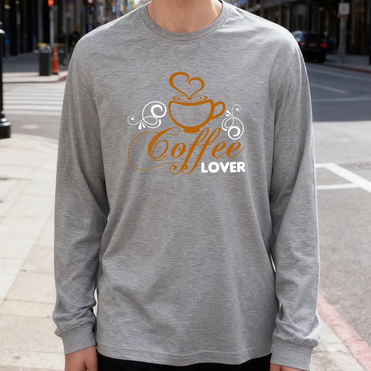 Men's Long Sleeved T-shirt Coffee Lover 180g 100% cotton printed casual crew neck to wear every day soft and breathable