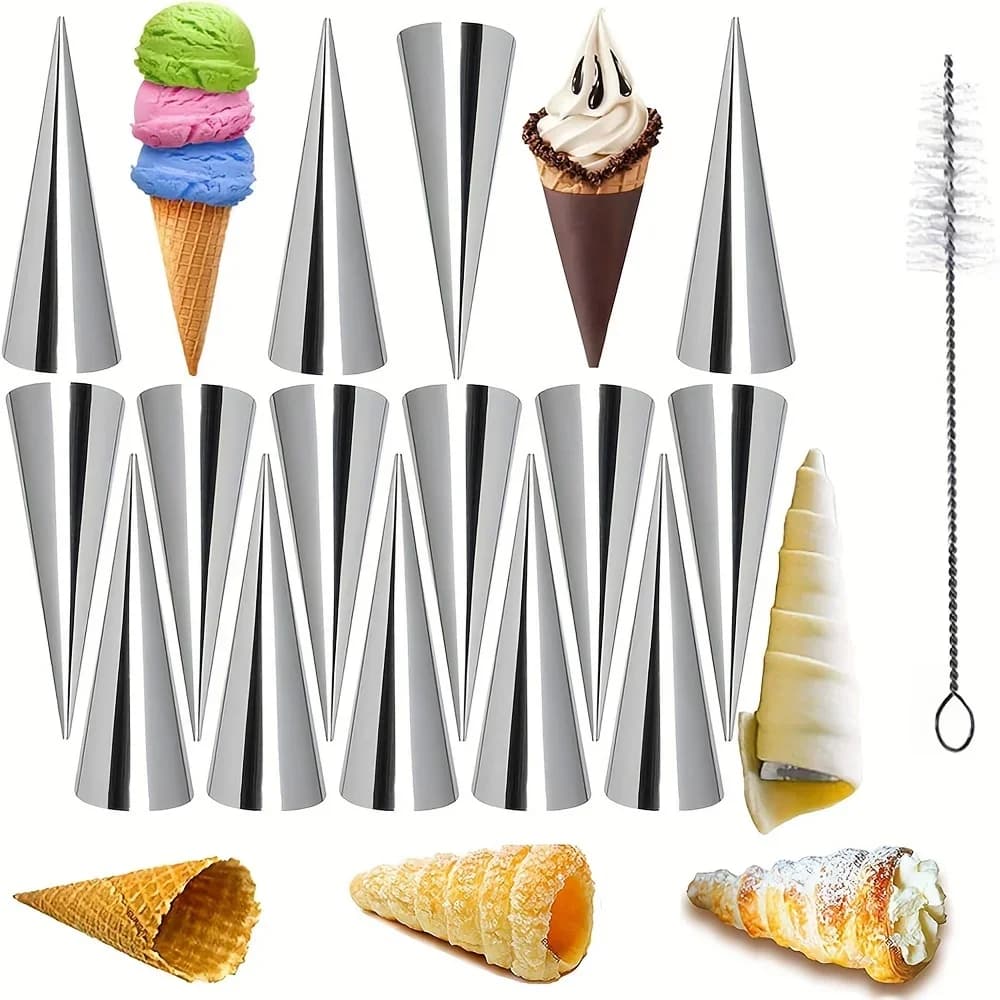 [13 stampi per pasticceria in acciaio inossidabile] 13 stampi per corno in acciaio inossidabile con spazzola per la pulizia, tubi per pasticceria a forma di cono per croissant