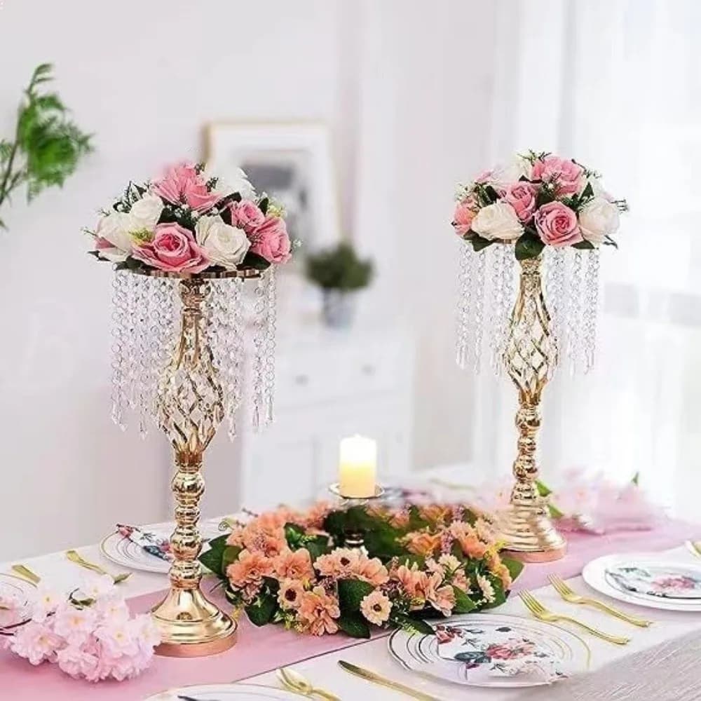 Fashion Crystal Candle Holder Golden Flower Vase Lead Road Candlestick for Wedding Event Decoration