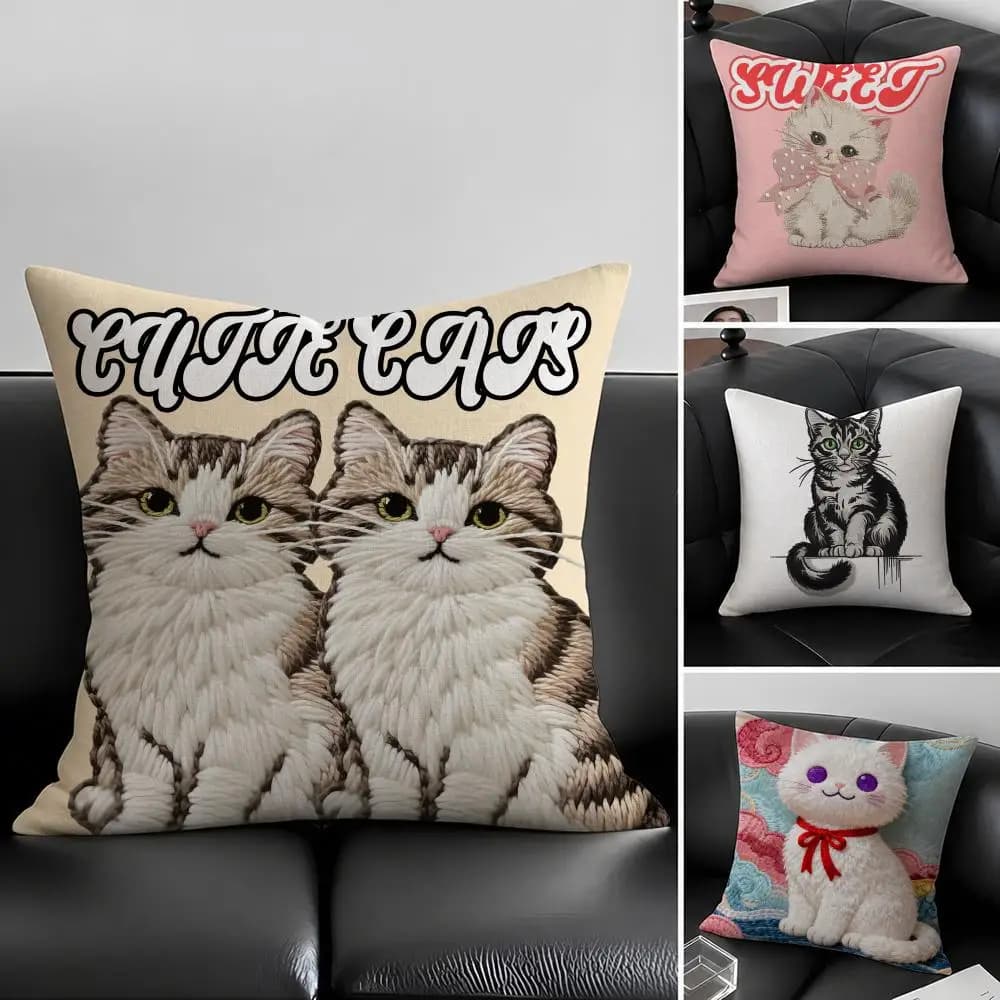 F-Fake Set di fodere per cuscini ricamate Cat-S in lino naturale, decorazione completa per divano, camera da letto e sedia