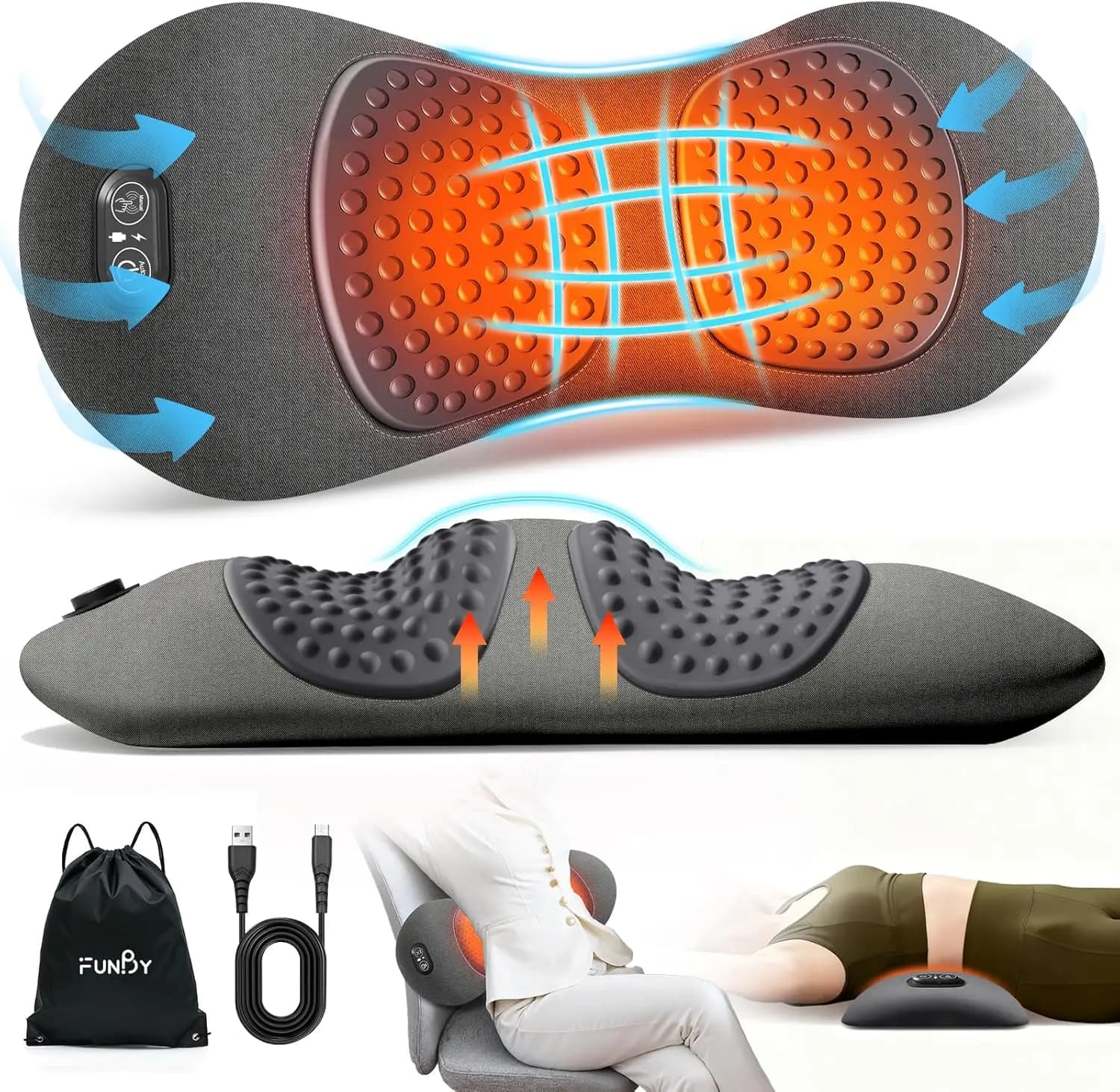 Cuscino Elettrico 3-in-1 per Supporto Lombare con Calore, Vibrazione e Trazione per Alleviare il Dolore alla Schiena - Grigio