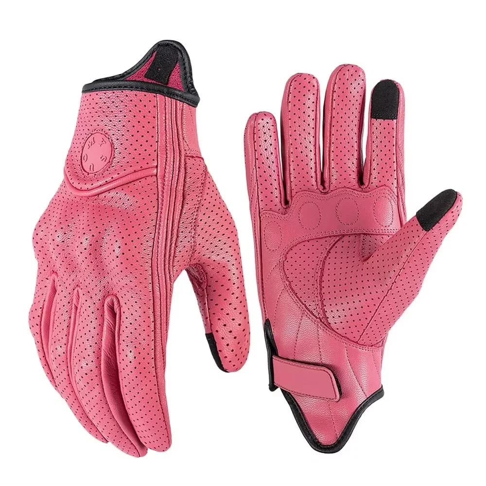 Summer Retro Brown Real Leather Motorcycle Gloves, Breathable Perforated Cafe Racer Scooter Touchscreen Gloves Guantes