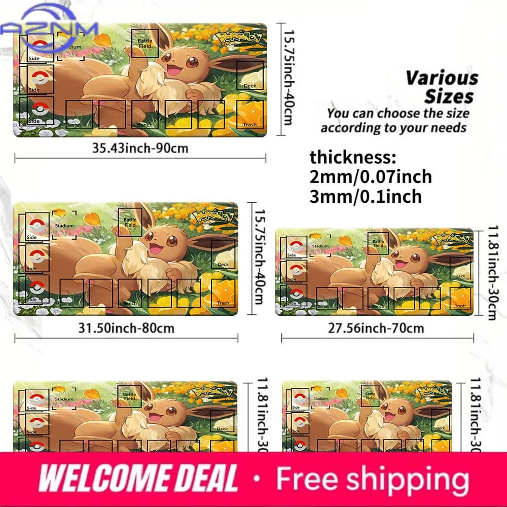 Cute Happy Eevee Flower Field Pokemon TCG Playmat Large Non Slip Gaming Mouse Pad Multi Size Desk Pad