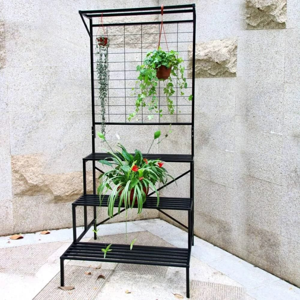 Zhongma Supporto per piante grande e resistente a 3 livelli con ripiano per vasi per piante sospese, 35,43 x 33,27 x 78,74, Porta piante alto multistrato