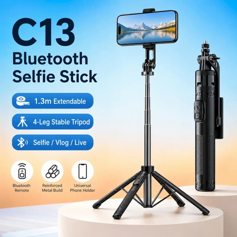C13 Bluetooth Selfie Stick Tripod, 4-Leg Universal Phone Stand for Vlog Shooting, Live Streaming Video Recording and Travel