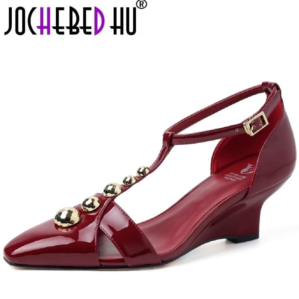 【JOCHEBED HU】Handmade Genuine Leather Round Toe Mid Heels Women's Luxury Gold Ball Ankle Strap Party Prom Dress Sandals 33-40
