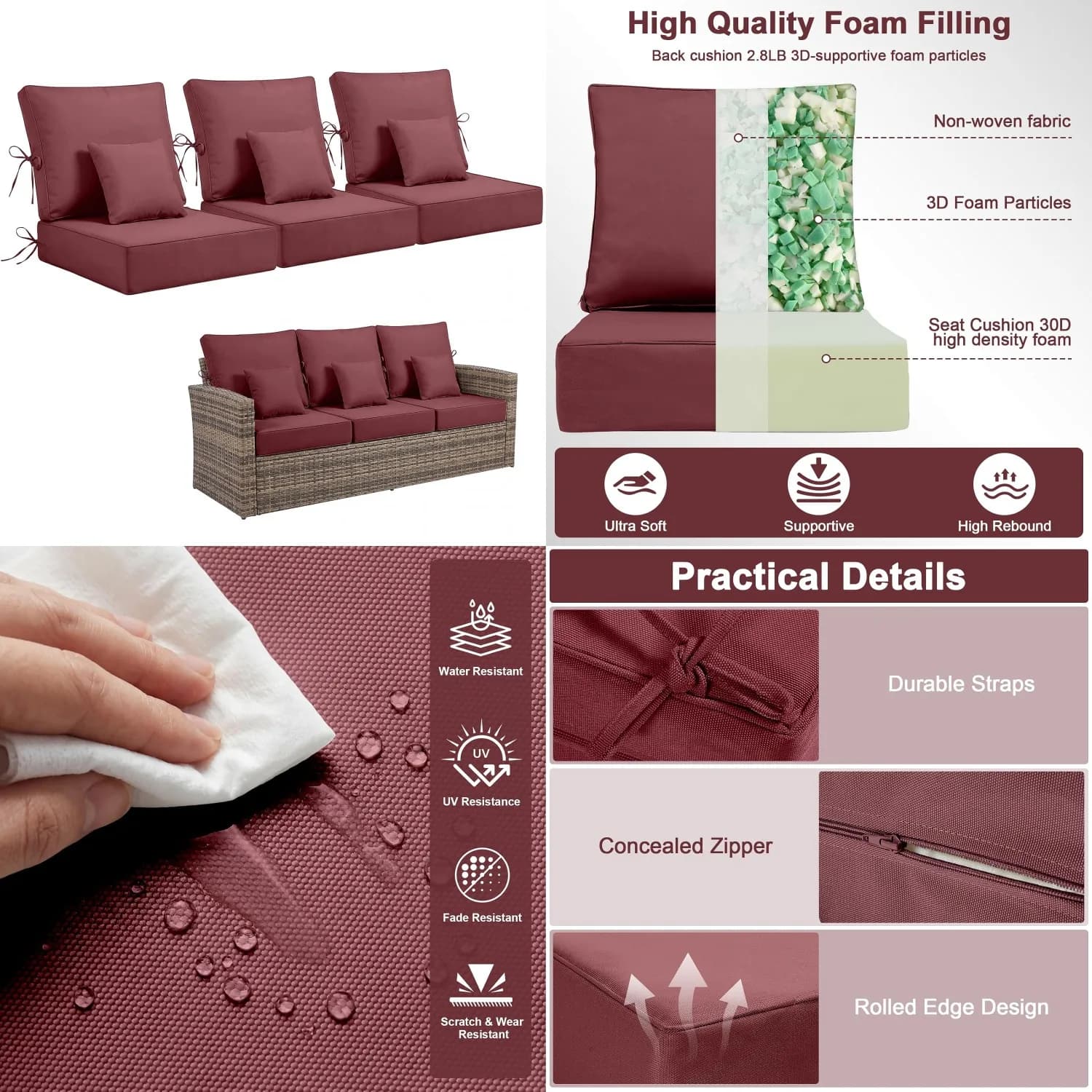 Set di Cuscini per Sedia da Esterno 24x24x6, 3 Coperture Rimovibili con Cinghie, Resistenti allo Sbiadimento e all'Acqua, per Divano da Patio in Vimini, Personalizzabili