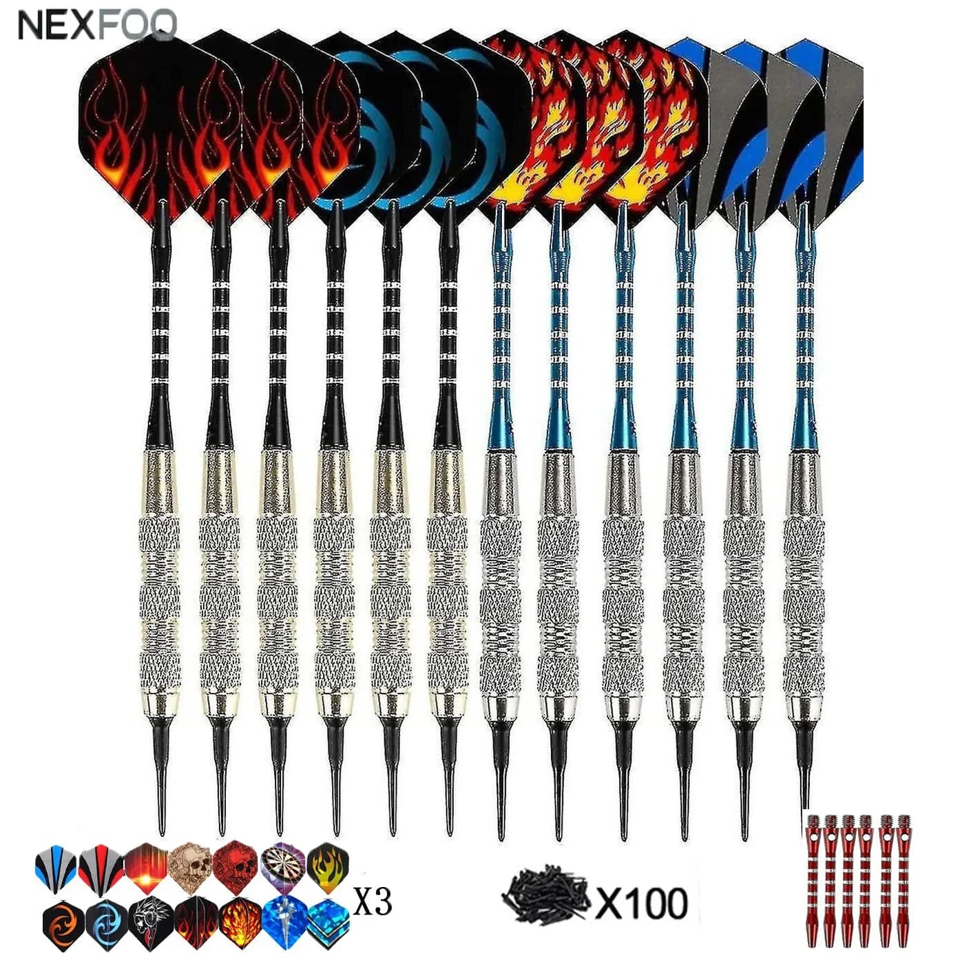 12Pcs Soft Tip Darts Iron Copper‑Plated Soft Darts with 30 Flights 100 Tips 6 Shafts Complete Kit for Indoor Entertainment