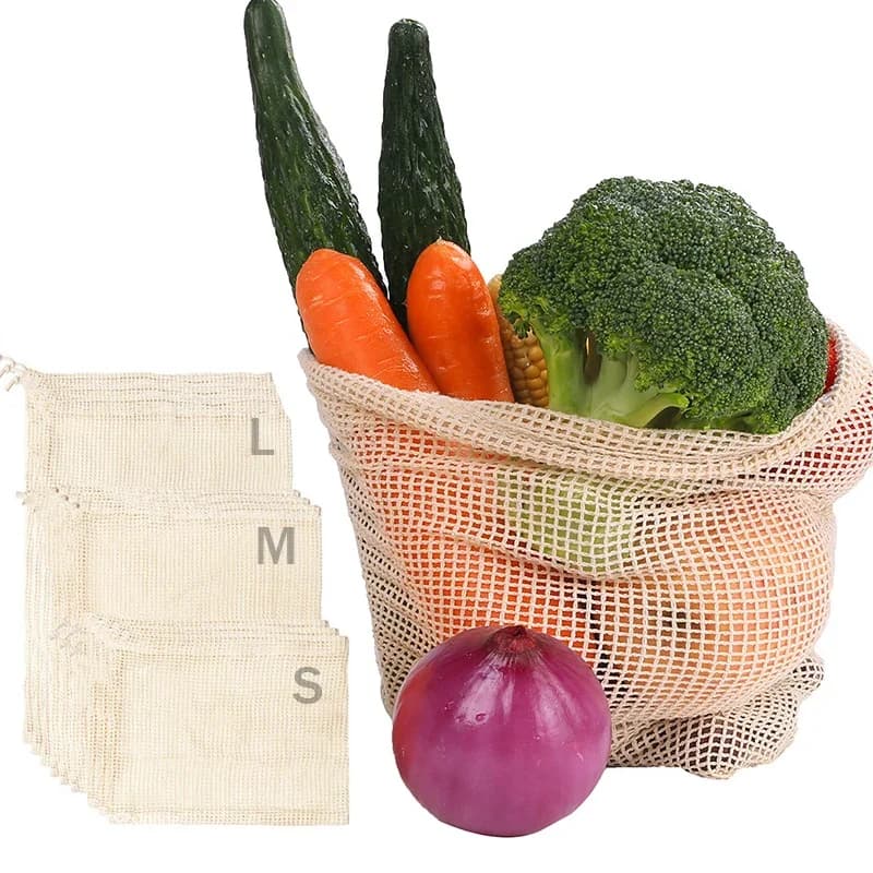 Borse per verdure in rete di cotone Borsa per prodotti Borsa per verdure riutilizzabile in rete di cotone da cucina Frutta Verdura con coulisse