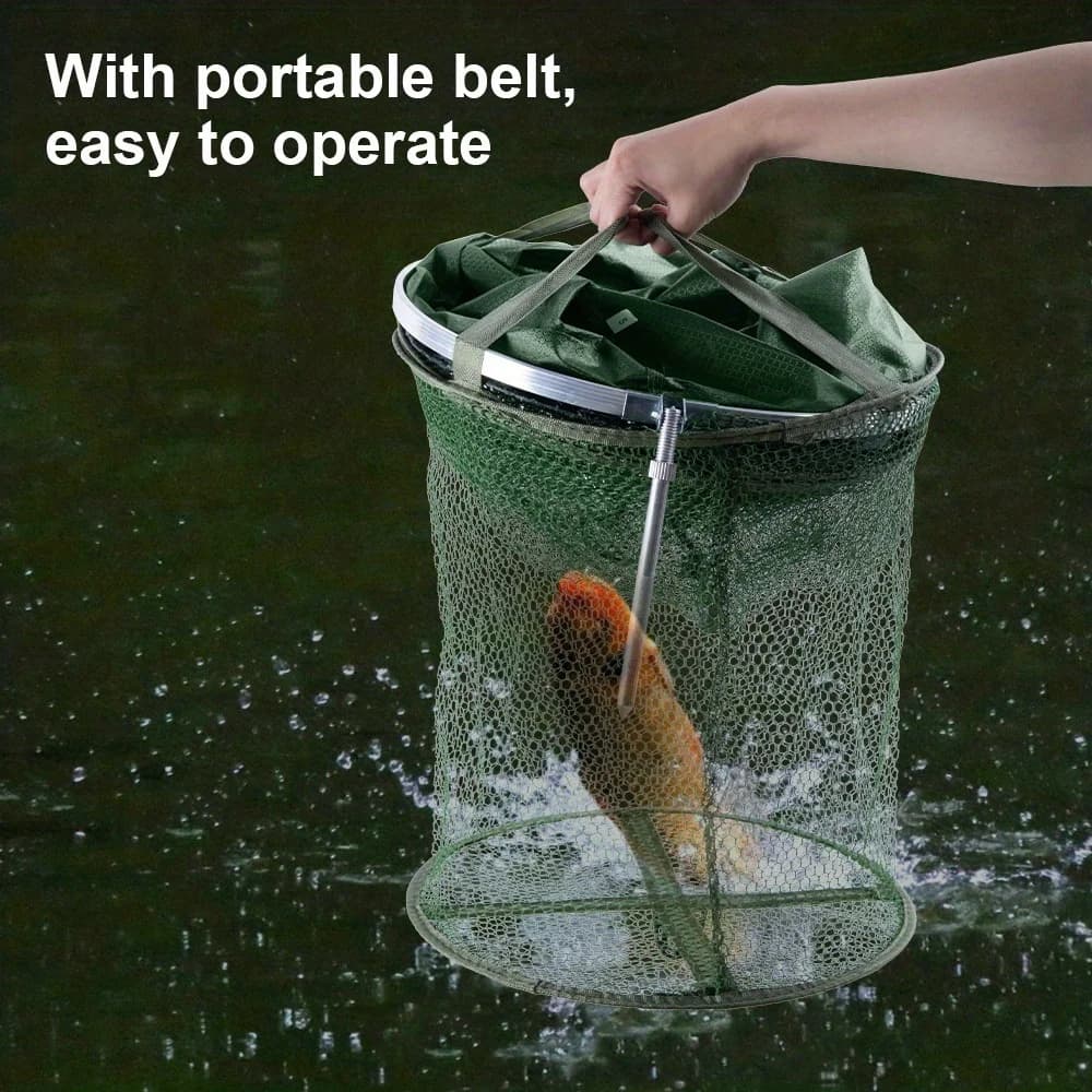 1.5m-2.5m Foldable Fish Keep Cage, Heavy‑Duty Live Fish Storage Net, Portable Live Fish Holder with Storage Bag