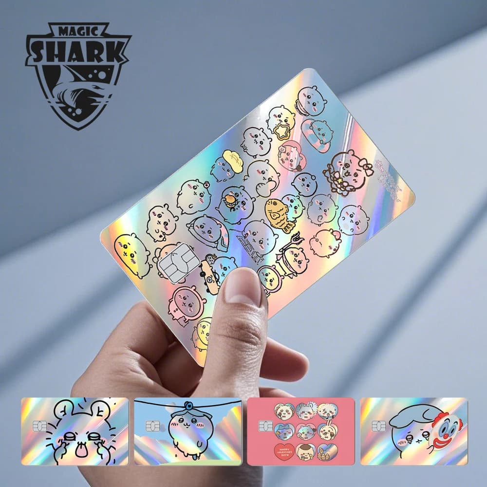 Pellicola Adesiva Olografica Laser Lucida con Motivi Cartoon di Squali, Gatti e Conigli per Carte di Credito e Debito