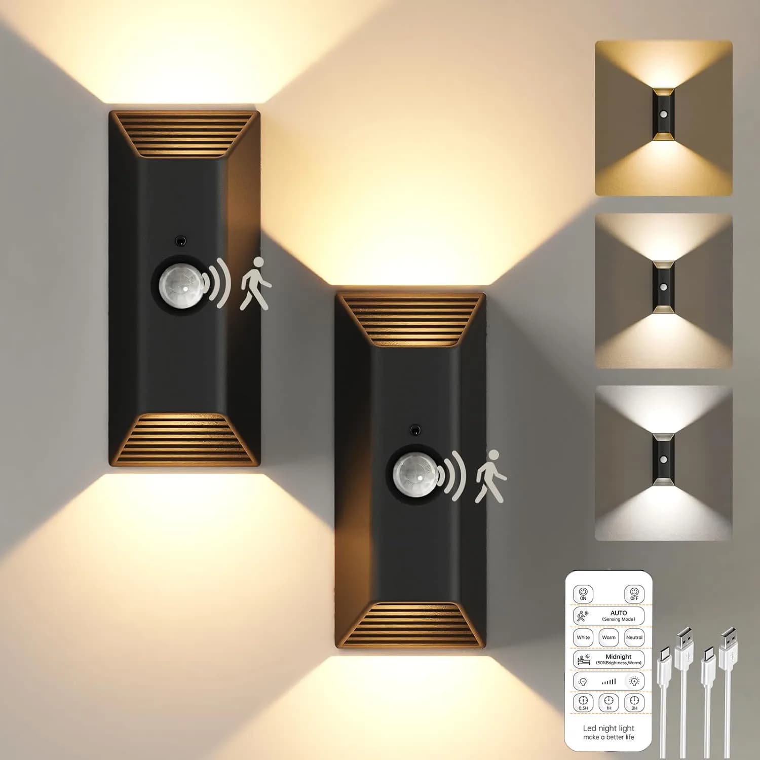 Luce Notturna a LED con Sensore di Movimento, Lampada da Parete Ricaricabile 4000mAh, 3 Colori Dimmerabili, Luci per Scale Magnetiche Wireless per Decorazione Stanza