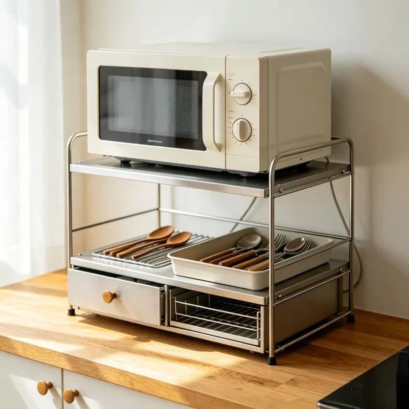 Scaffali da Cucina Retrattili per Pentola per Riso, Microonde, Friggitrice ad Aria, Organizzatore Salvaspazio Espandibile