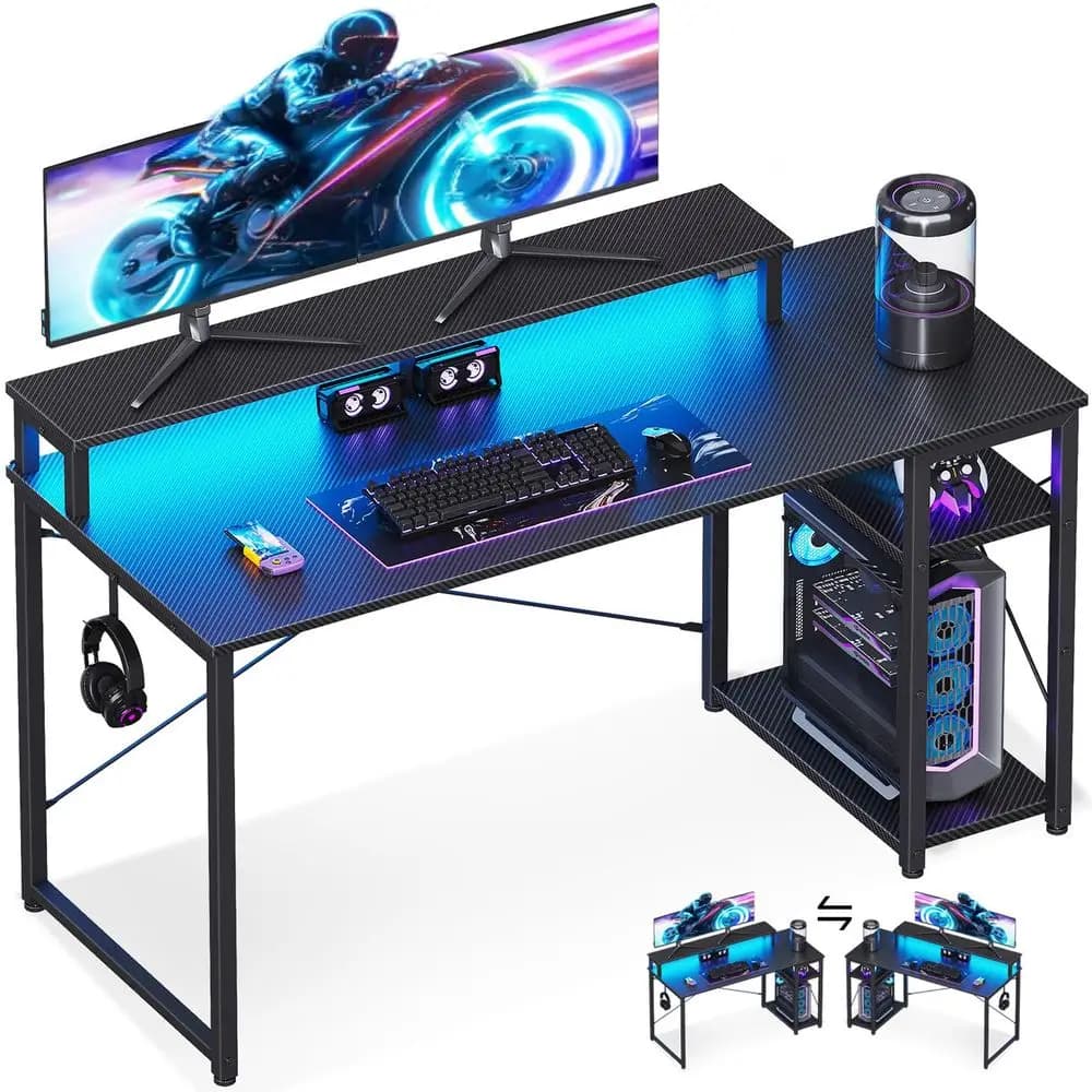 Scrivania da Gaming da 48 Pollici con Spazio di Archiviazione e Luci LED, Scrivania per Computer con Ripiano, Scrivania Reversibile per Gamer con Supporto per Monitor, Fibra di Carbonio