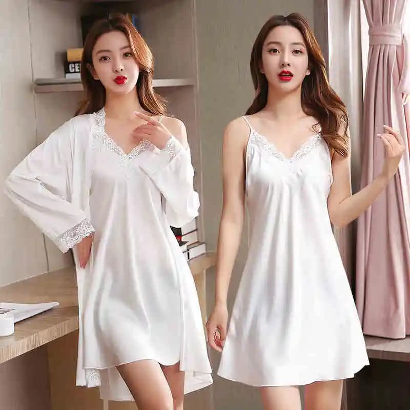 2Pcs Lace Long Sleeve Belted Home Robe Women's V Neck Slip Dress Shirt With Bathrobe Sexy Erotic Lingerie Elegant Nightgown