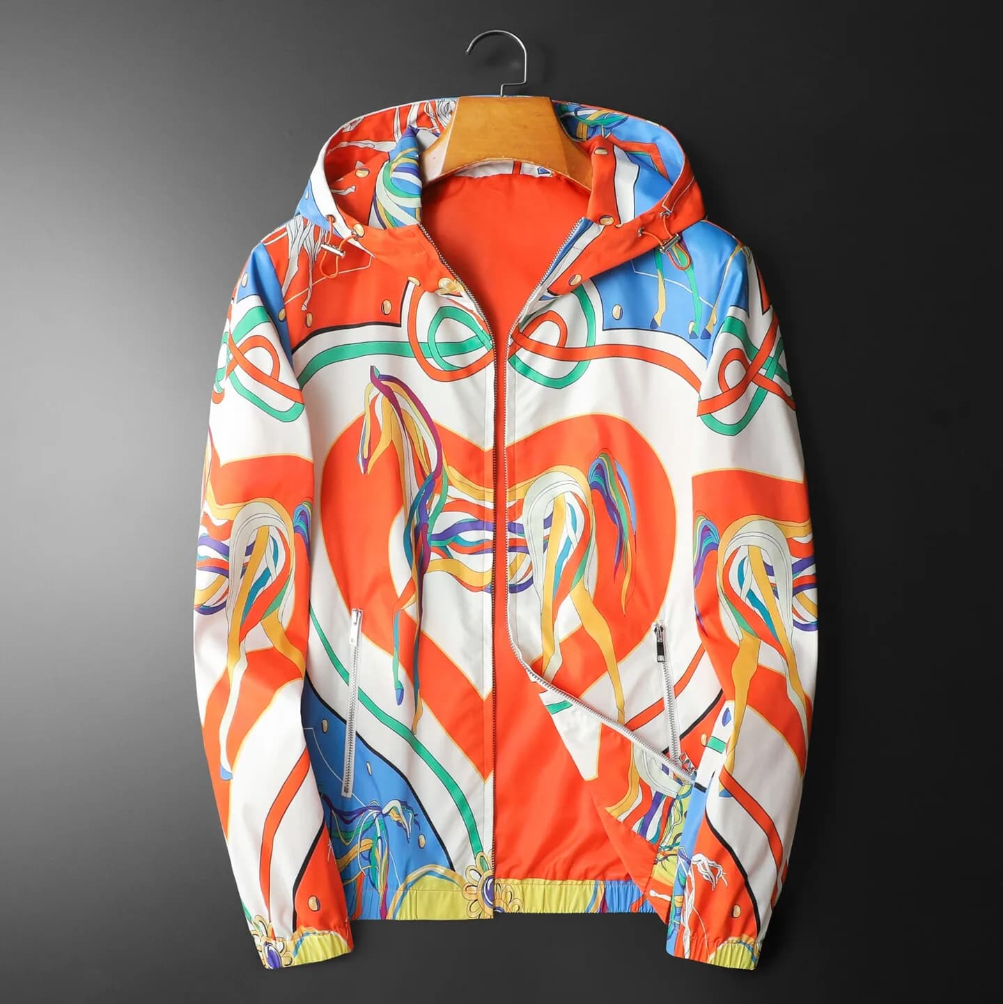 Giacca con Cappuccio Stampata di Lusso Primaverile per Uomo, Antivento con Zip, Giacca Casual Business, Abbigliamento Streetwear
