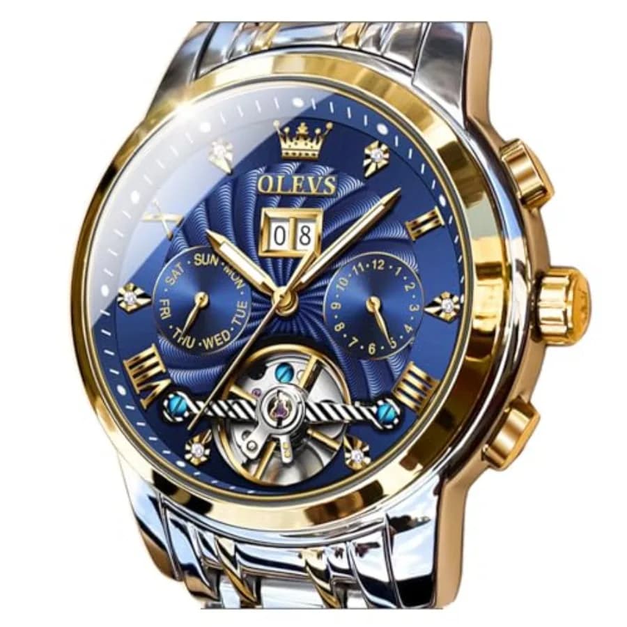 Men Automatic Watch Skeleton 5 Hands Mechanical Classic Luxury Multi Calendar Stainless Steel Waterproof Wrist Watch for Men
