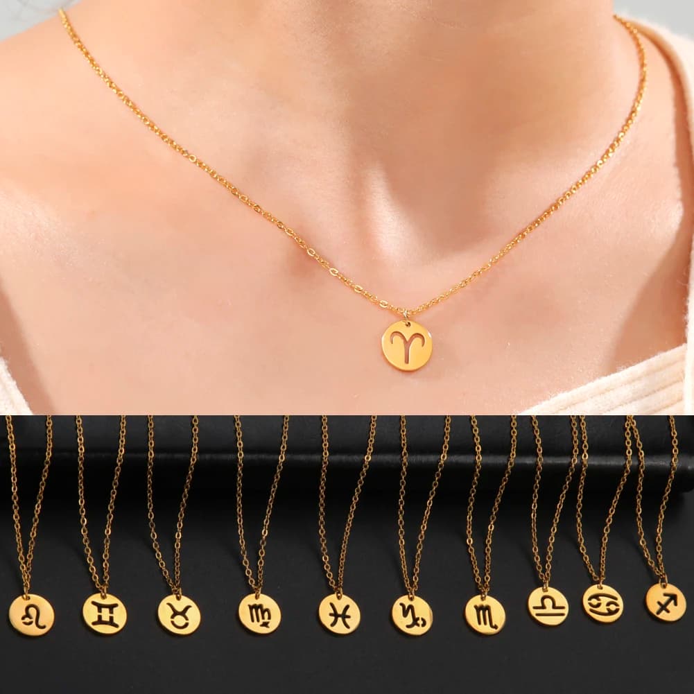 Unift Pisces Aries Taurus Constellations Coin Necklace Zodiac Sign Pendant Necklace Choker Fashion Women Jewelry Friend Bff Gift