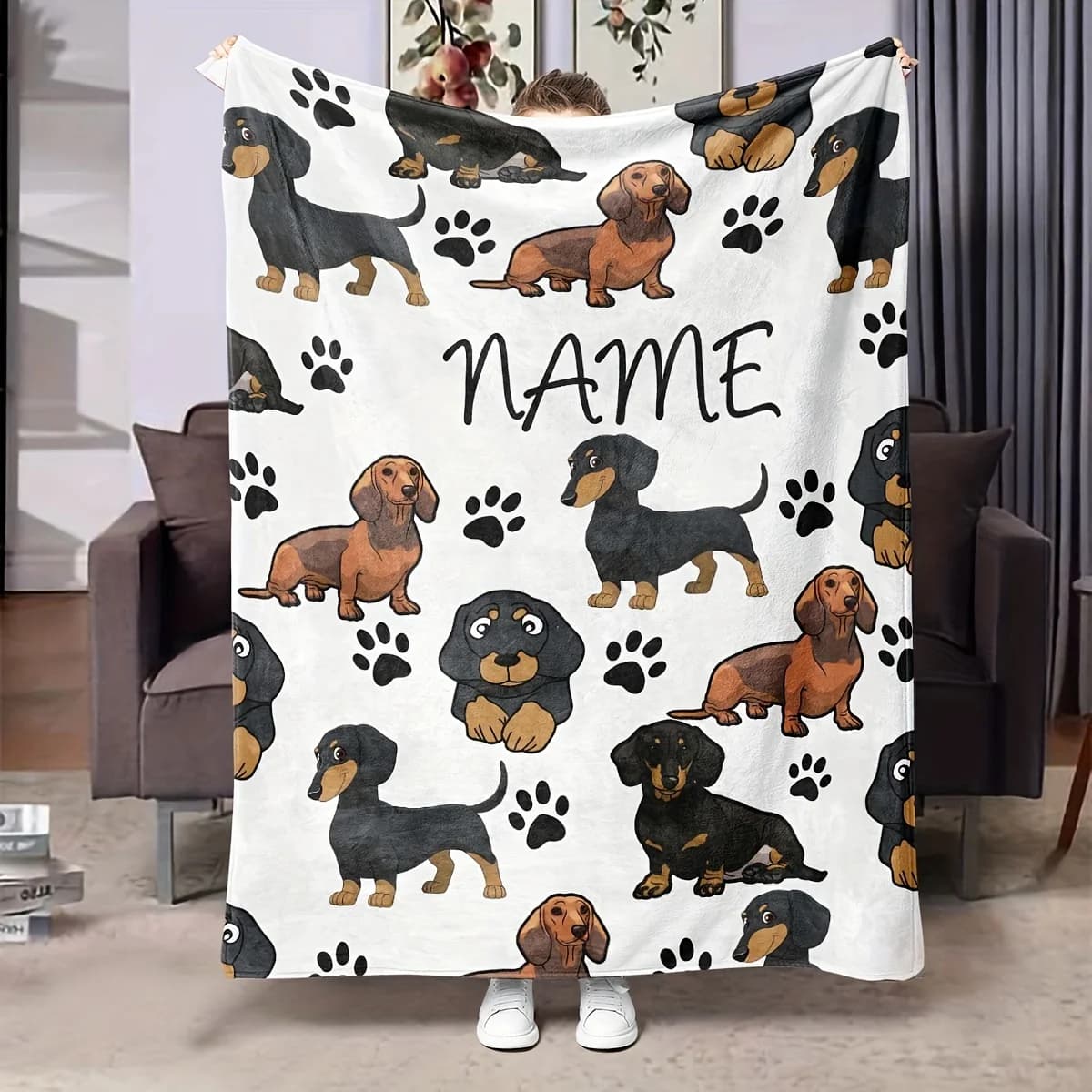 Name Customization Digital Printed Flannel Blanket Simple Cute Cartoon Dog Pattern Series Holiday Gift Office Living Room Sofa