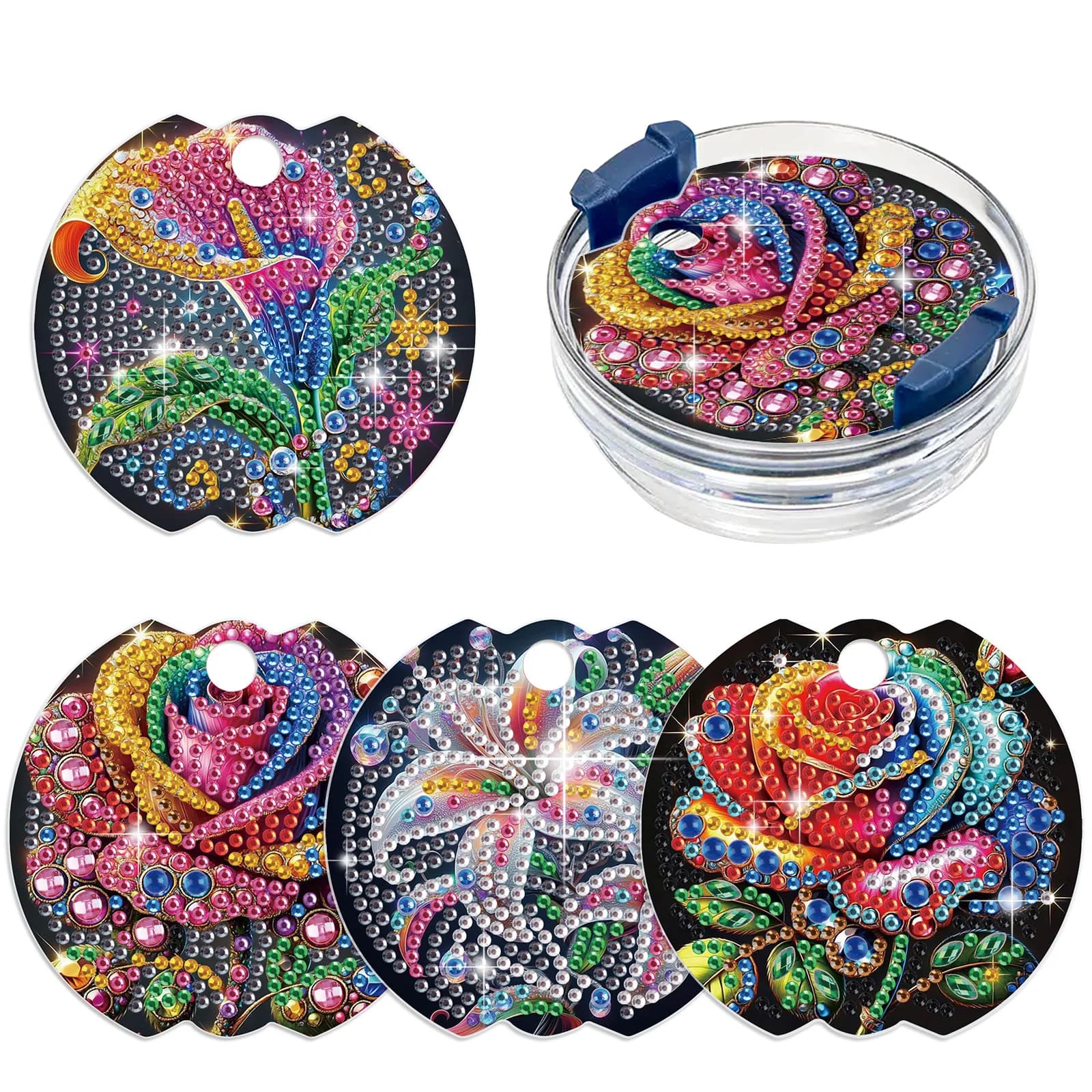 4 pezzi kit coperchio tazza pittura diamante, tema floreale arte diamante forma speciale artigianato diamante coperchi tazza acrilica, decorazioni tazze d'acqua
