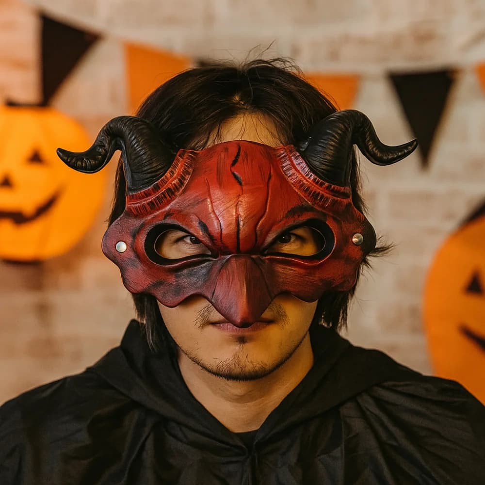 Maschera in corno di capra in pelle PU Demone Bovino Maschera di Halloween Puntelli per feste Mezza copertura per il viso Puntelli per feste in maschera Cosplay